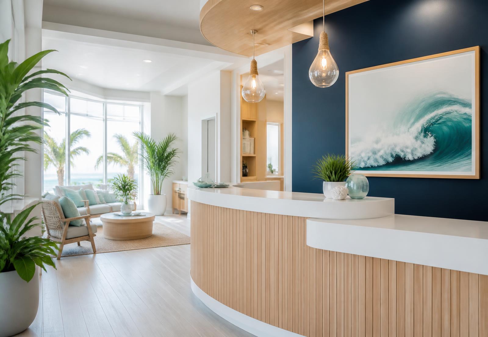 The bright, coastal-inspired reception area at Charlotte Harbor Dental